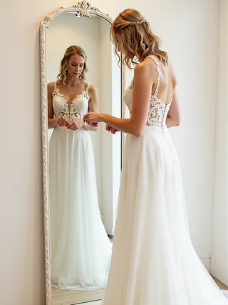 Bride checking the fit of her dress in the mirror