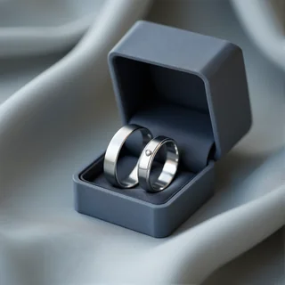White gold wedding rings with matte and polished surfaces; women's ring featuring a genuine brilliant-cut diamond