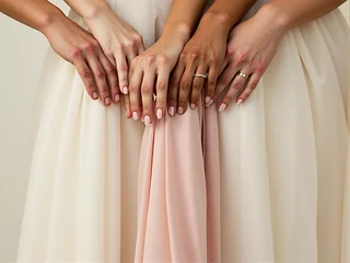Various skin tones and rose-colored bridal gown fabric