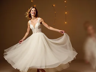 Braut dréint sech a danzt an engem fléissenden Hochzäitskleed